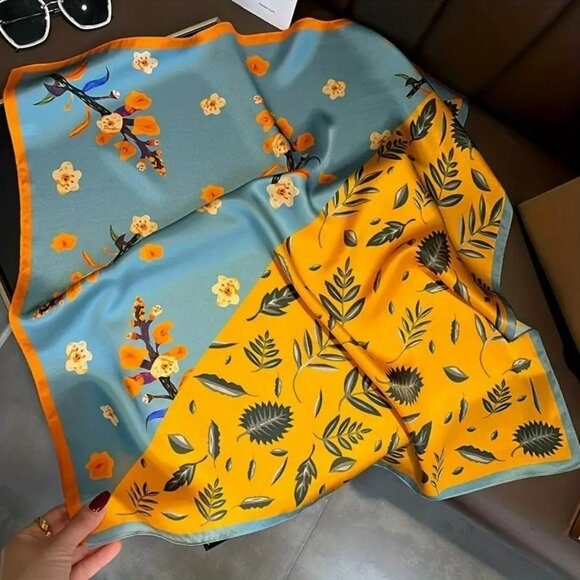 NWT - Elegant Orange-Blue Plant Print Square Scarf (SKU 0283) - Picture 3 of 5
